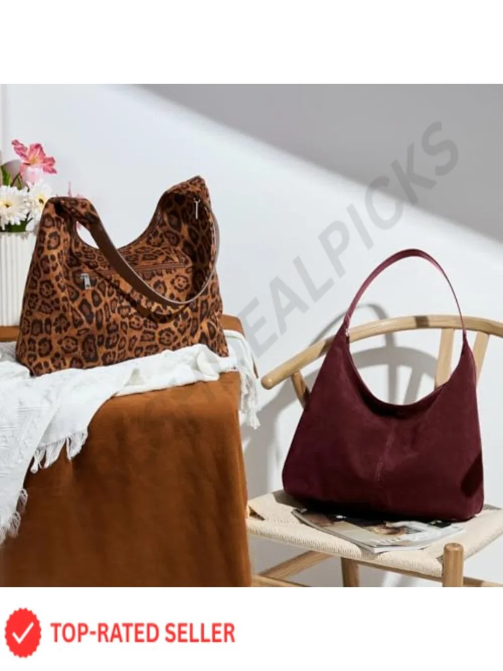 Slouchy Hobo Bag Faux Suede Leather Zipper Tote 14L Vegan Leather Shoulder